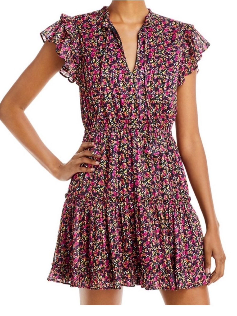 Aqua by Bloomingdale’s Ditsy Flutter Sleeve Mini Dress - Pink Metallic Floral XS